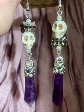 Hand Crafted Mr. & Mrs. White Skull Earrings with Purple Amethyst Drops